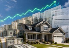 A realistic suburban house positioned beneath a translucent, glowing financial line graph that trends sharply upward across the sky.