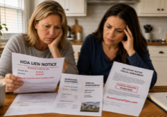 Two women sitting side-by-side at a kitchen table, focusing intently on an HOA lien notice, mortgage statements, and a special assessment letter spread before them.
