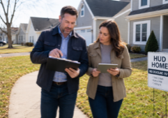 A husband and wife real estate investing team walking through a middle-class neighborhood reviewing HUD home investing opportunities, bidding rules, repair estimates, and resale potential.