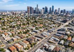 The architectural diversity across the Los Angeles metropolitan area, highlighting the contrast between residential neighborhoods and dense commercial districts. The intricate details of various real estate types and local businesses integrated into the urban landscape. The distinct textures of the cityscape, using bright, natural lighting to define the sprawling layout and the transitions between different zones of the city.