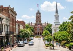 Transform the scene into a photorealistic view of Macon, Georgia, featuring its distinctive historic architecture and lush Southern greenery. Enhance the natural daylight to create a clear, scenic atmosphere with detailed textures on the buildings and vibrant foliage throughout the landscape.