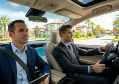 Two men in professional business casual attire sit inside a modern luxury vehicle as they navigate a sun-drenched Orlando neighborhood. The driver stays focused on the road while his partner points toward a series of contemporary suburban houses and palm-lined streets. Bright midday light illuminates the scene, highlighting the lush Florida greenery and Mediterranean-inspired architecture visible through the car's windows as they survey the area.