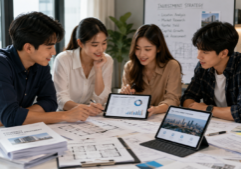 Four Gen Z professionals, two women and two men, are engaged in a focused business collaboration within a bright, contemporary workspace. They are dressed in modern business-casual attire, gathered around a table scattered with property documents, architectural floor plans, and digital tablets showing real estate data. The lighting is soft and natural, highlighting their collaborative expressions and the professional atmosphere. The scene emphasizes a clean, realistic aesthetic with sharp focus on the interpersonal interaction and the analytical materials relevant to property investment.