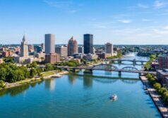 A sweeping panoramic view of the Rochester, New York skyline, emphasizing the architectural silhouettes and the flowing Genesee River in the foreground. Enhance the clarity of the bridges and waterfront buildings, with vibrant lighting reflecting off the water's surface. The scene should feel expansive and detailed, capturing the distinct urban layout and natural landmarks under a clear, bright sky.