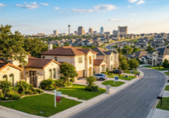 Transform the scene into a photorealistic San Antonio residential landscape featuring traditional limestone homes and modern suburban developments. Integrate 'For Sale' signs on manicured lawns to illustrate the active housing market. Use warm, natural sunlight to highlight the neighborhood's expansion, keeping the city's characteristic architectural style and a hint of the skyline in the background.