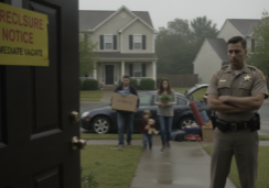 A uniformed sheriff with a badge stands by the front door of a suburban house, watching as a family carries cardboard boxes and personal belongings toward a parked car. A bright foreclosure notice is taped to the front door. The parents look somber and weary, carrying heavy containers of household items, while a young child clutches a single toy. The scene is set in a quiet residential neighborhood under a gray, overcast sky, capturing a heavy and somber atmosphere.