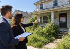 Two professional real estate investors stand on a residential sidewalk, observing a neglected two-story house from the street.