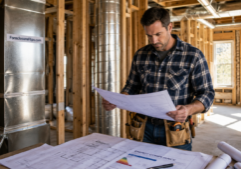 A professional house flipper in a focused posture reviews architectural energy compliance documents within a residence undergoing renovation.