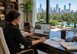 A female real estate investor in Dallas reviewing pre-foreclosure listings, mortgage delinquency data, property records, and neighborhood comps in the home office of her mansion.