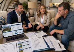 A professional husband and wife real estate investing team meeting with a worried homeowner in their living room and reviewing short sale listings, mortgage balances, property values, lender documents, and market data on a laptop, convincing the owner to agree to a short sale.