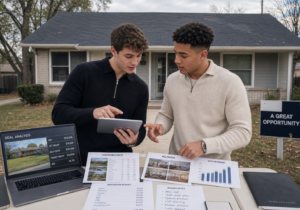 Two Gen Z house flippers standing in front of a single-family home and discussing analyzing ARV with comparable sales, MLS photos, days on market, and renovation cost estimates.