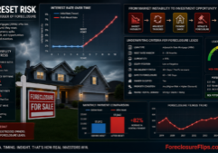 An analytical visualization of mortgage distress caused by ARM resets, featuring rising interest rate curves juxtaposed with residential property elements. Incorporate digital interfaces with data points, financial risk metrics, and underwriting criteria for evaluating foreclosure leads. The scene emphasizes the transition from market instability to investment analysis through clear charts, statistical overlays, and a focused, data-driven perspective. At the bottom of one of the charts is the URL ForeclosureFlips.com