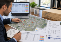 A professional real estate investor sits at a clean workspace, carefully analyzing a detailed street map of a suburban neighborhood.