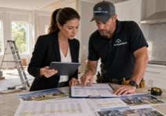 A professional female real estate investor and a general contractor in work attire stand together inside a bright, partially renovated house. They are huddled over a kitchen island covered with printed spreadsheets of repair estimates and photographs of comparable property sales. The investor holds a digital tablet displaying financial data, while the contractor points to specific figures on a clipboard. The background shows a clean interior with fresh paint and some construction tools, illuminated by natural light streaming through large windows, capturing their focused collaboration on calculating the property's after-repair value. On the contractor's shirt is the logo ForeclosureFlips.com