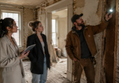 Two stylish Gen Z women in modern professional attire and a home inspector in rugged work gear examine the interior of a distressed, as-is property. The setting features authentic signs of wear, such as peeling wallpaper, exposed wooden laths, and dusty floorboards. The inspector points a flashlight toward a structural detail while the women observe with focused, analytical expressions, one holding a digital tablet. Soft, natural light filters through grime-streaked windows, highlighting the gritty textures and realistic atmosphere of a home renovation project in progress.