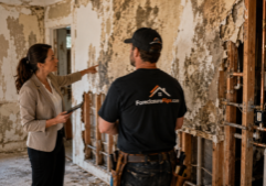 A professional woman and a contractor in work attire with the logo ForeclosureFlips.com inspecting the interior of a neglected foreclosure property. Large water stains and mold patches cover the damp walls, with sections of drywall removed to reveal copper pipes, electrical conduits, and timber framing. The lighting highlights the textures of peeling paint, crumbling plaster, and exposed structural systems.