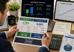 A professional real estate investor focused on a comparative analysis of financial data, featuring clear visual elements that contrast an assumable low-interest mortgage against current market financing costs. The scene emphasizes the strategic evaluation of required equity through legible charts, graphs, and digital displays of interest rate percentages. The lighting is bright, focused and analytical, highlighting the documents and screens to reflect a detailed financial decision-making process.