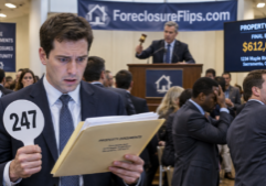 A real estate investor in a tailored suit stands in a crowded, brightly lit hallway during a foreclosure auction, clutching a numbered bidding paddle.