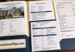 A professional REO investment file folder opened to display a bank-owned property listing, a formal lender addendum, a structured inspection report, and a clear maximum-offer calculation sheet.
