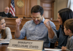 A home owner sitting in court pumping his hands in joy as his home foreclosure is delayed due to bankruptcy as his family watches on.