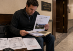 Real estate investor reviewing bankruptcy court sale documents, liens, and timing risks before buying a distressed house at auction.