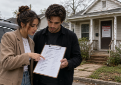 A Gen Z female real estate investor in smart-casual modern attire and her male business partner stand together near a parked vehicle, both focused on a detailed due diligence checklist held on a clipboard. The woman points to a specific item on the paper as they discuss their strategy. In the background, a slightly weathered suburban house with a foreclosure notice on the door is visible under the soft, natural light of an overcast day. Their expressions are serious and collaborative, capturing a moment of professional preparation before viewing the property to place a bid.