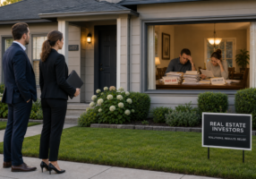 A professional male and female real estate investor duo stands in the front yard of a neatly manicured suburban single-family house. Through the large front window, a husband and wife are visible sitting at their dining table, visibly distressed and overwhelmed as they look over a tall stack of past-due bills and legal documents. The investors observe the scene from the sidewalk with a composed and ready demeanor, while the interior scene captures the couple's mounting worry over their financial situation. The composition balances the well-kept exterior of the home with the tense, emotional struggle occurring just inside the glass.