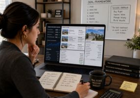 Real estate investor reviewing foreclosure market data, property listings, and deal analysis on a laptop.