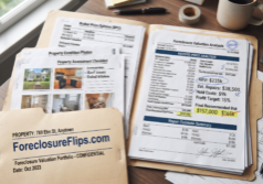 A professional foreclosure valuation folder containing an assortment of documents including broker comps, property condition photos, repair estimates, and a revised price analysis with handwritten annotations.