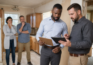 two real estate investors inspecting a pre-foreclosure home before making an offer. The sellers (husband and wife) are watching nervously as the investors decide what to do.