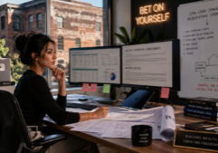 A confident Gen Z woman in modern business-casual attire, sitting in a contemporary workspace with a view of a weathered, distressed brick building through the window. She is focused on a dual-monitor setup displaying complex financial spreadsheets, real estate contracts clearly labeled with terms like "Seller Financing Agreement" and "Private Capital," and a digital whiteboard outlining a low-cash-down acquisition strategy. The room is filled with professional markers of success, such as high-end technology and minimalist decor, while physical blueprints and legal documents are spread across her desk. Natural daylight illuminates the scene, highlighting her determined expression as she analyzes the investment logistics of the property.