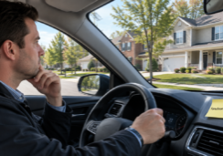 A focused professional real estate investor driving through a tidy suburban neighborhood, peering thoughtfully through the car window at the surrounding residential houses.