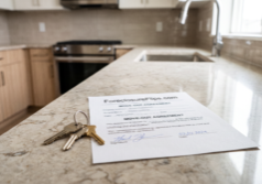 A tidy, vacant kitchen counter featuring a set of metal house keys placed beside a signed move-out agreement.
