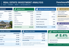 A professional and structured real estate investment spreadsheet featuring clear sections for rehab costs, monthly mortgage payments, vacancy allowance percentages, and capital expenditure reserves.
