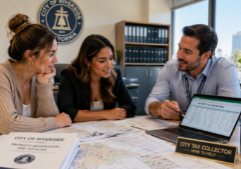 Two young professional women in modern Gen Z business-casual attire confer with a helpful male city tax collector in a government office setting. They are gathered around a desk layered with property maps and official documents. The collector is leaning forward with an engaged and supportive expression, pointing to specific entries on a spreadsheet. The background features typical municipal office elements like filing cabinets, rows of binders, and a city seal on the wall, with bright natural light illuminating the collaborative scene.
