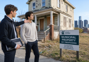 Two Gen Z male real estate investors in modern business-casual attire, standing on a city street and evaluating a weathered, municipal-owned house next to a vacant lot. They are engaged in a serious discussion, with one gesturing toward the property while the other looks on analytically. The scene captures the contrast between their sharp, contemporary appearance and the aged textures of the urban redevelopment site under clear, natural light.