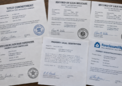 Legal documents including a title commitment, recorded lien releases with official stamps, foreclosure purchase paperwork, and a typed property legal description, arranged neatly with visible text headers, ink signatures, and realistic paper textures under neutral office lighting.