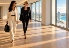 Two elegant women in high-end professional business attire, such as tailored suits and designer accessories, walking through a spacious but neglected Miami Beach condominium.