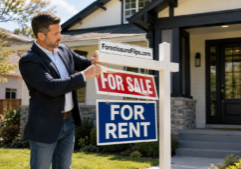 A professional investor in the front yard of a newly renovated suburban house, captured in the act of swapping a “For Sale” sign for a “For Rent” sign.