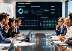 A group of focused real estate investors in a modern boardroom, leaning forward with intense expressions. They are closely watching a digital presentation filled with complex financial diagrams and data. The scene features sharp business attire and dramatic bright office lighting that emphasizes their concentration and the glow from the screen.A group of focused real estate investors in a modern boardroom, leaning forward with intense expressions. They are closely watching a digital presentation filled with complex financial diagrams and data. The scene features sharp business attire and dramatic office lighting that emphasizes their concentration and the glow from the screen.