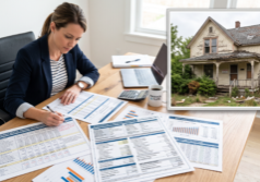 A focused professional analyzing financial spreadsheets, mortgage payment charts, and rental income projections spread across a workspace.