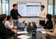 Two young male Gen Z real estate investors in modern business-casual attire lead a strategic discussion in a glass-walled conference room. They are focused on a collaborative "buy box" strategy for distressed properties, with one investor gesturing toward a shared screen or document. Surrounding them at the sleek conference table, a small group of colleagues participates actively, showing expressions of engagement and contribution. The scene features bright, natural office lighting and a contemporary professional atmosphere that emphasizes teamwork and financial planning.