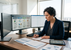 A focused real estate investor in a professional office setting, analyzing a comparative display of lead types including foreclosure, tax lien, REO, and short sale. The scene features organized digital interfaces or documents showing clear visual metrics for risk assessment, project timelines, and step-by-step acquisition processes. The lighting is professional and natural, highlighting detailed charts, comparison tables, and labeled categories that distinguish the different investment strategies.