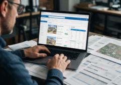 Focused real estate investor analyzing distressed property listings and foreclosure data on a laptop screen.