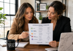 Two professional millennial women real estate investors collaborating over a detailed distressed property scorecard. They are focused on analyzing specific metrics such as equity, property condition, urgency, liens, and exit potential displayed on the document. The scene emphasizes their confident expressions and a strategic atmosphere, with bright natural lighting highlighting the textures of the scorecard and their modern professional attire, while maintaining the original composition and focus on their partnership.
