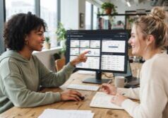 Two young female Gen Z real estate investors working together in a modern workspace, focused on a digital tracking system displayed on their screens that organizes property records, follow-up schedules, and lists of motivated seller leads through a clean, data-driven dashboard. On the dashboard we can see the URL ForeclosureFlips.com