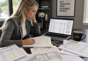 Real estate investor comparing duplex construction bids, site plans, supplier quotes, and rehab budgeting software on a laptop