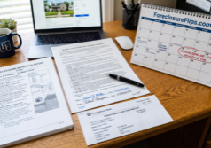 A professional desktop arrangement featuring a signed REO purchase contract with visible ink signatures, an official earnest money wire confirmation, a detailed inspection report, and a calendar with a marked closing deadline.