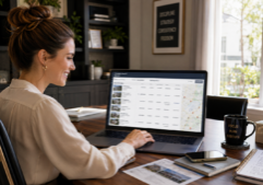 Real estate investor sitting in her luxurious home office with a cup of coffee researching multiple properties owned by the same seller using a laptop, smiling at the results of her findings.
