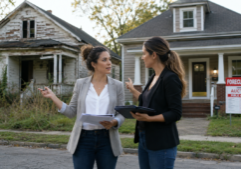 Two female millennial real estate investors standing in front of two home - one is a fixxer upper and one is a foreclosure. They are debating the pros and cons of investing in each.